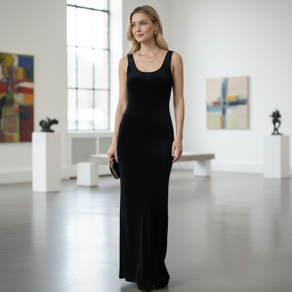 Onyx Nite Women Dress Black Velvet Maxi Gown Sleeveless Vintage 90s Size 10